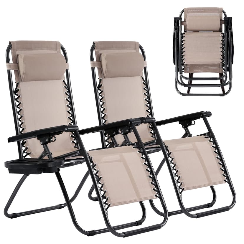Pazidom Zero Gravity Chair Set of 2, Folding Lounge Chair Adjustable Reclining Chair Camping Lawn Chair w/Pillow and Cup Holder Tray, Folding Chair Outdoor Chairs - Comfortable & Breathable, Tan
