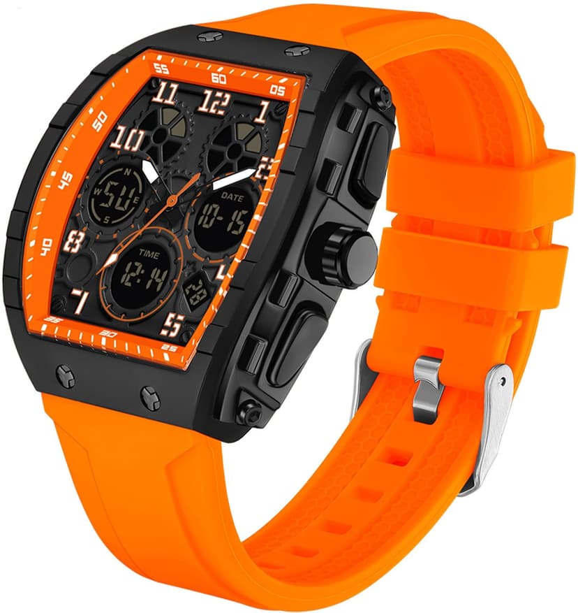 findtime Watches for Men Relojes para Hombres Orange Wristwatch with Digital Analog Dual Time Display Countdown Stopwatch Punk Cool Design 5ATM Waterproof Mens Watch