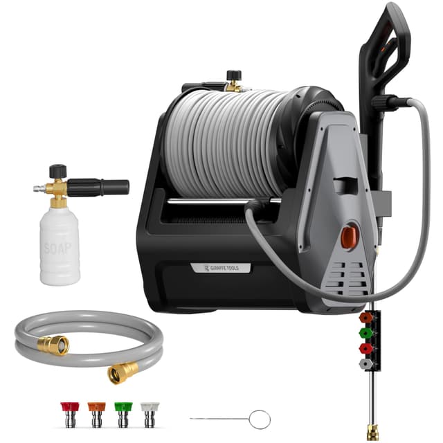 Giraffe Tools Grandfalls Retractable Wall Mount Pressure Washer Plus, Electric Power Washer with 100ft Pressure Hose, Max 2900PSI 2.2 GPM, Automatic Rewind, Any Length Lock, Dark Silver