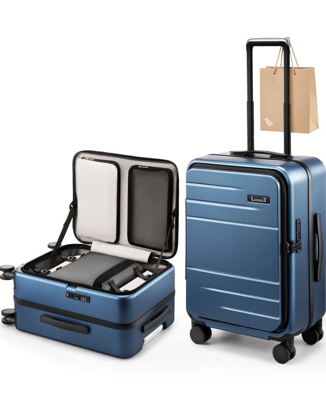 LUGGEX Carry On Luggage Top Opening, FLA Aluminum Frame Trunk Style luggage, Polycarbonate Hard Shell Suitcase (FX, Blue, 21 Inch, 43L)