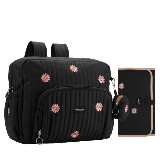 GOBABYMART Diaper Bag Backpack, Medium Maternity baby bag & Changing Pad, Insulated Pockets, Stroller Straps & Pacifier Case (Medium - Black Flowers)