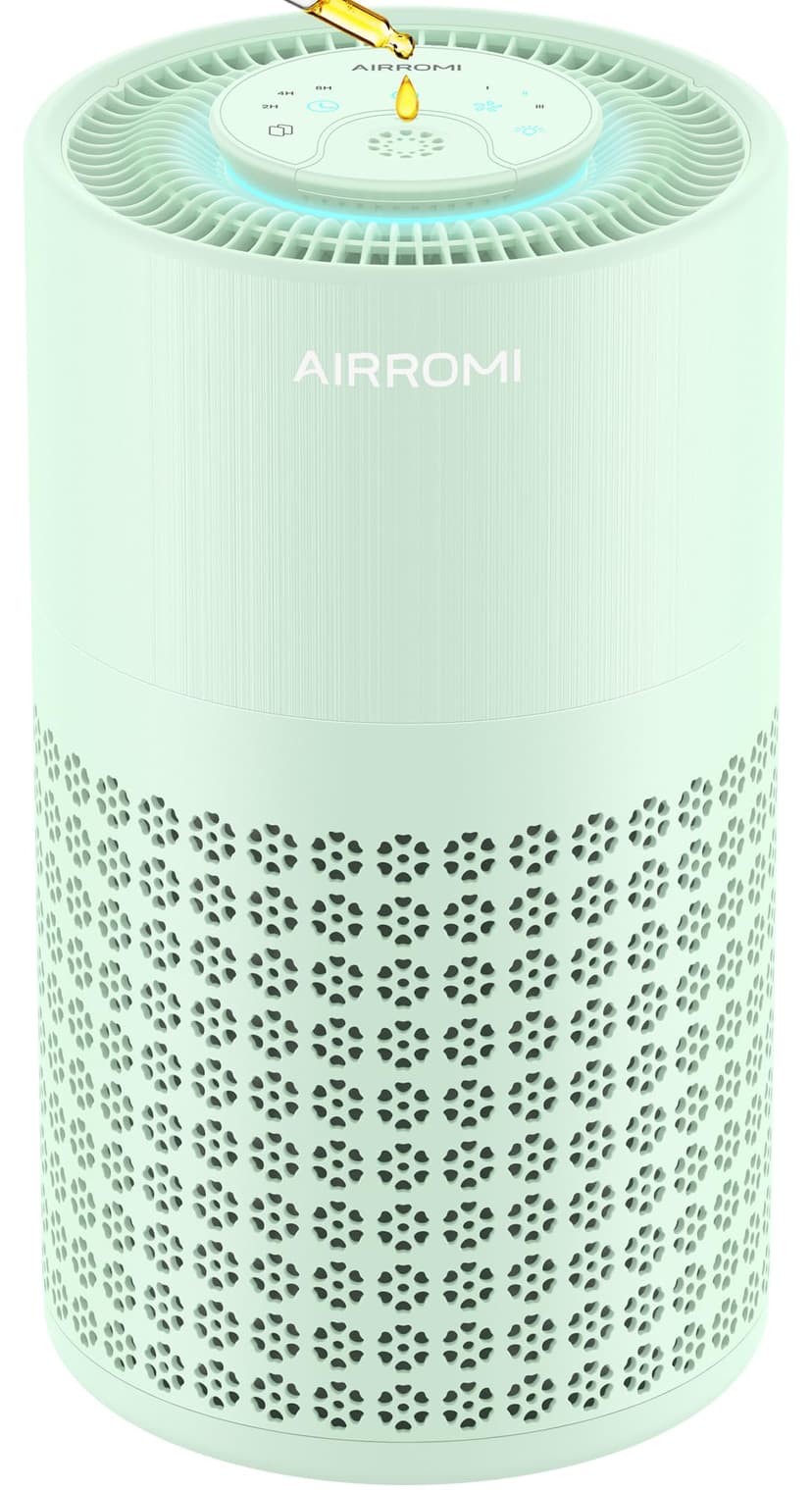AIRROMI Air Purifier for Bedroom with HEPA 3-in-1 Filter, Pet Air Purifier for Home Cat Pee Smell, Covers Upto 990 Ft², Quiet 360°intake Air Cleaner for pet hair,allergies,Dust,Smoke A2001 Green