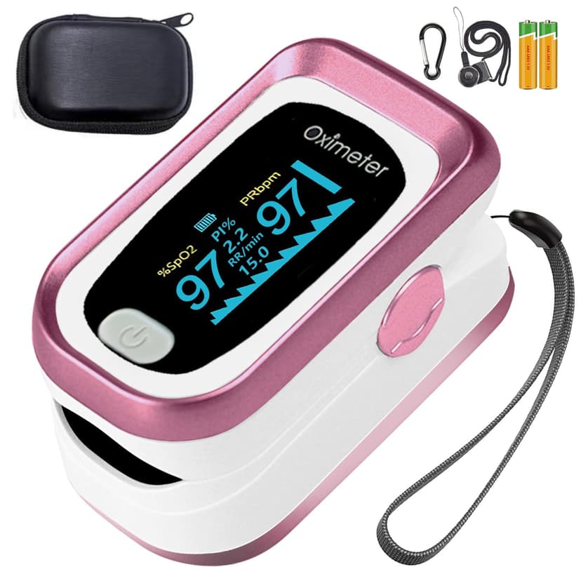 aosenwell Pulse Oximeter Fingertip, 4 Data Pulse Oximeter with Respiration, Pulse Rate Count (Pink)