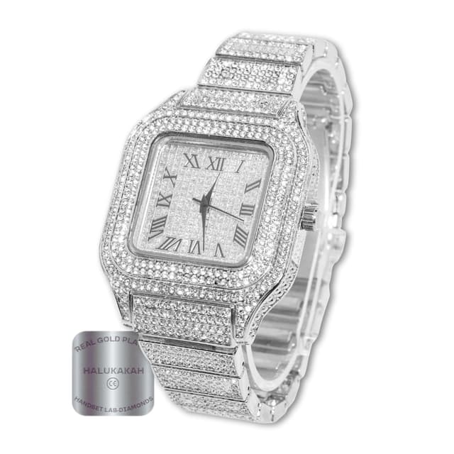Halukakah Men's Watch - The King - Platinum Plated, 40MM Square Dial, Iced Out Wristband, Comes in Giftbox,Gift for Men Son Husband