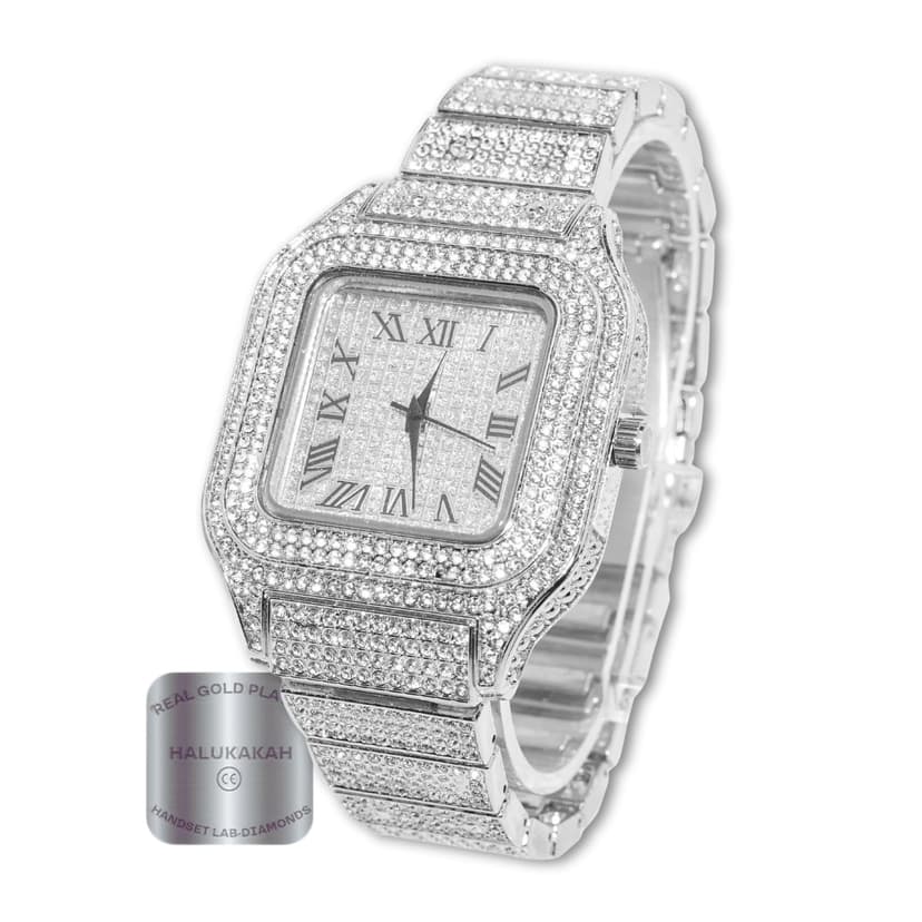 Halukakah Men's Watch - The King - Platinum Plated, 40MM Square Dial, Iced Out Wristband, Comes in Giftbox,Gift for Men Son Husband