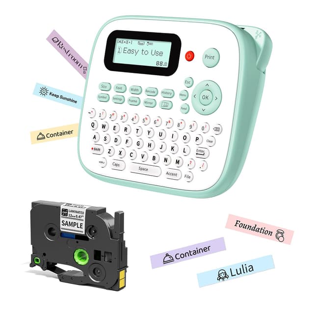 Label Maker for Kids, Desktop Label Maker Machine Labels-Waterproof, D210S Handheld Labeler Machine with Tape-12mm 0.47 Laminated White, Multiple Symbols for Home Office School Kids Teachers Gifts