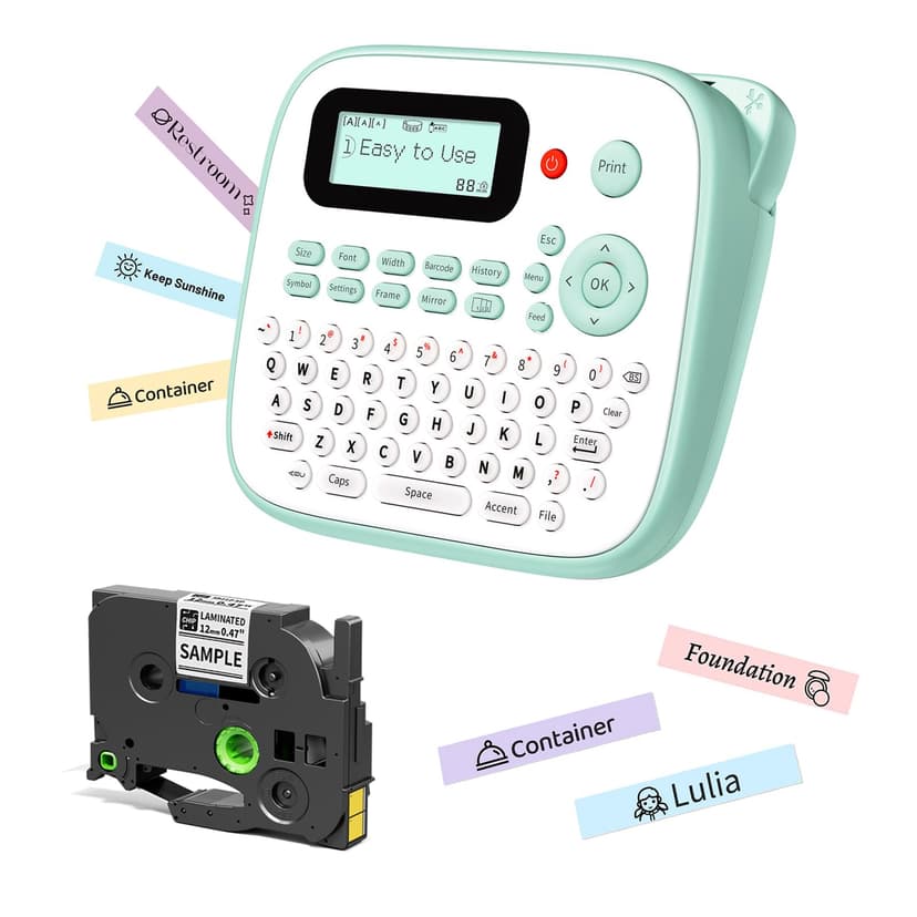Label Maker for Kids, Desktop Label Maker Machine Labels-Waterproof, D210S Handheld Labeler Machine with Tape-12mm 0.47 Laminated White, Multiple Symbols for Home Office School Kids Teachers Gifts