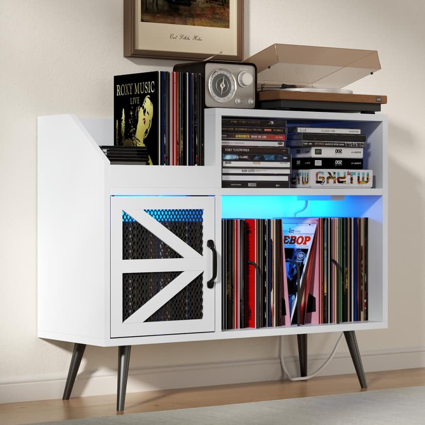MULEJYBO Large White Record Player Stand with Magnetic Door,350 Vinyl Record Storage Cabinet, Record Player Table with Power Outlet & LED Light,Turntable Stand with Wood Legs for Living Room,Office