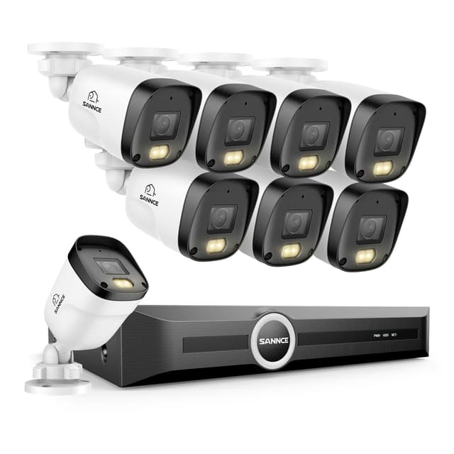 SANNCE 2K 3MP PoE Security Camera System - 8CH 6MP Surveillance NVR with 8PCS 3MP HD Clear Full Color Night Vision Bullet Cameras, IP67 Weatherproof, Audio Recording (Without HDD)