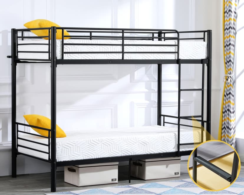 Bonnlo Bunk Bed Twin Over Twin for Kids/Teens/Adults Heavy Duty 2 Decker Bed with Flat Ladder and 13 inches High Guardrail, Metal Space Saver Bed with Stairs, Black