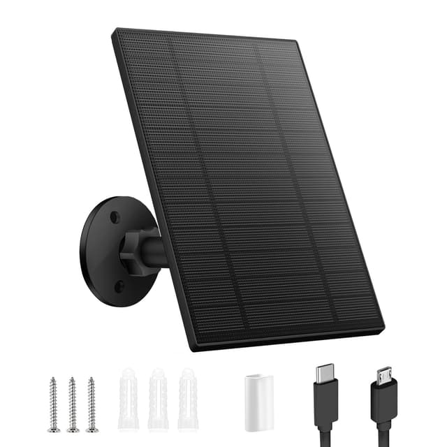 5W Solar Panel for Security Camera, Solar Panel with Micro USB & USB-C Port for DC 5V Outdoor Rechargeable Battery Camera, IP65 Waterproof, 360° Adjustable Security Mount, 9.8ft Cable(Black 1PC)