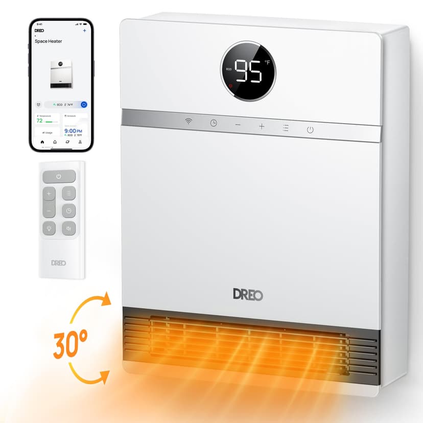 DREO Smart Wall Heater, IP24 Electric PTC Space Heaters for Indoor Use, 30° Oscillation, Adjustable Thermostat, Remote Control, Works with Alexa, 24H Timer, Easy-mounted for Office, Bedroom, Home