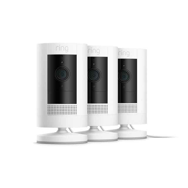 Ring Stick Up Cam Plug-In HD security camera with two-way talk, Works with Alexa – White – 3-Pack