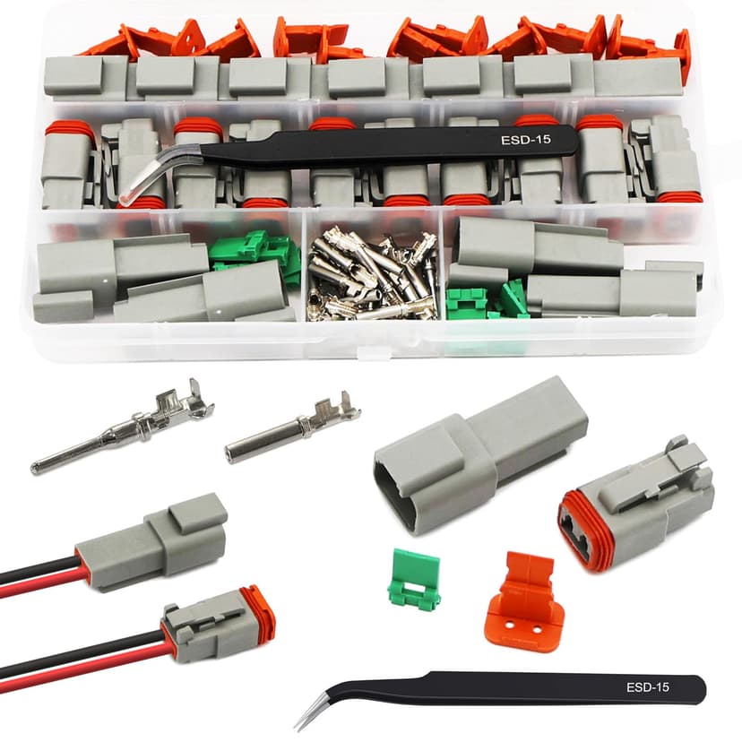 Twippo 2 Pin Deutsch Connector Kit 10 Sets, Gray DT Connector Kit, 2 Pin Automotive Waterproof Wire Connectors, Electrical Connectors Kit with 16# Stamped Contacts for Car, RV, Truck Wiring 22-16AWG