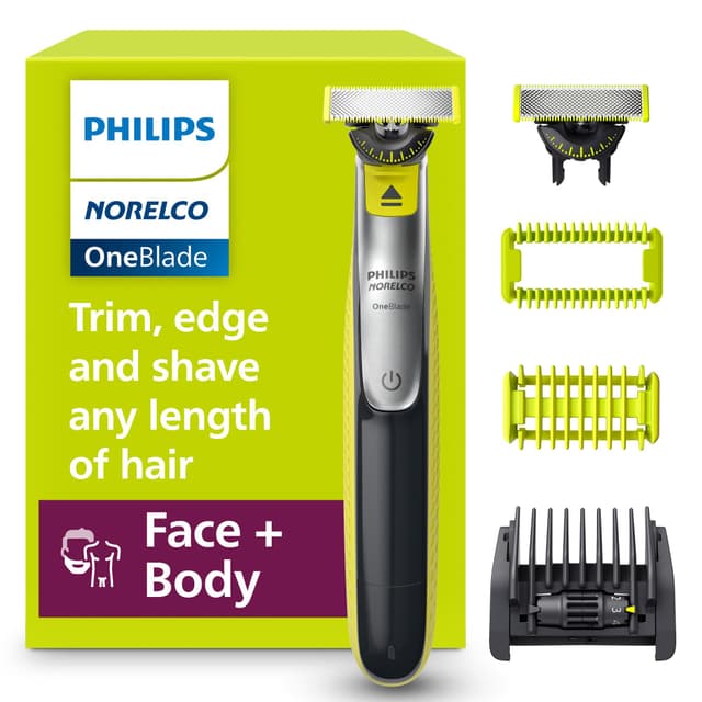 Philips Norelco for Face + Body, Electric Beard Trimmer, Shaver and Groomer, 5in1 Adjustable Comb, 1x Body Kit, Model QP2834/70, Black/Lime Green