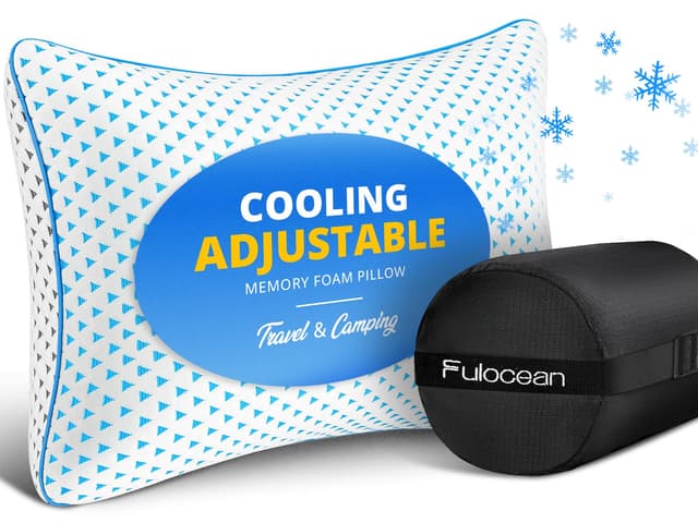 Cooling Shredded Memory Foam Travel & Camping Pillow Large, Adjustable College Dorm Pillow for Home-Like Comfort,Compressible Portable & Medium Firm Neck Support, Ideal Sleeping, Car, Airplane
