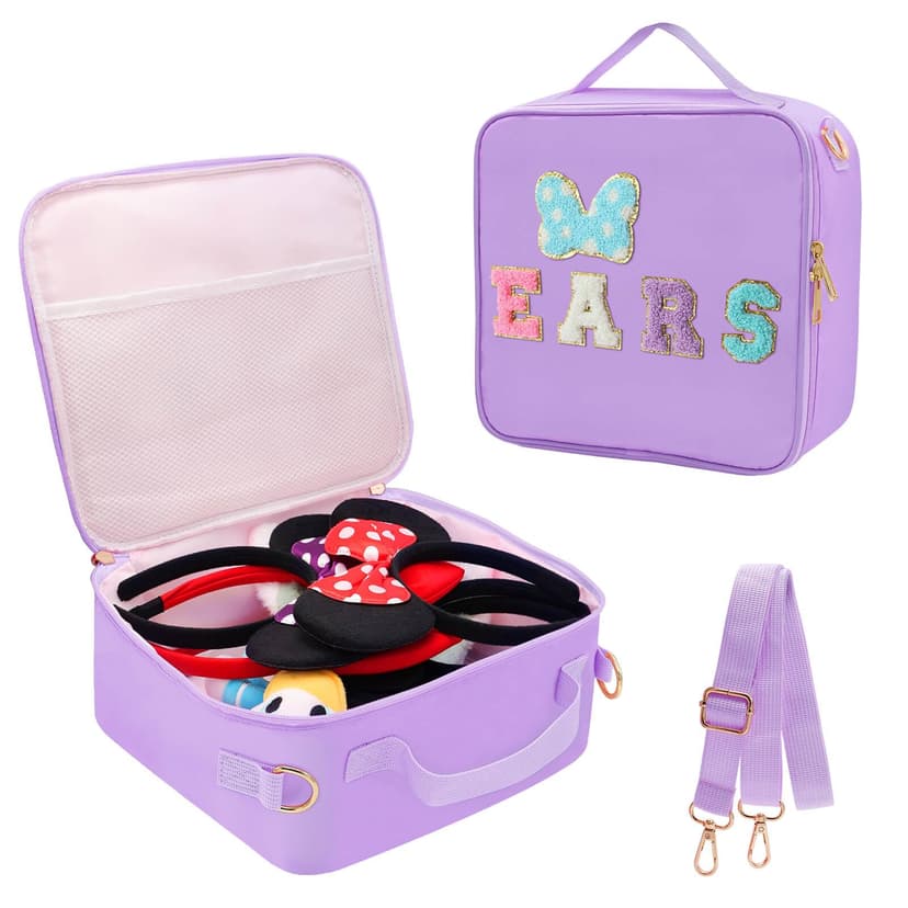 Chenille Letter Bow Mouse Ears Travel Case, Park Ears Headband Holder Hair Accessories Organizer Bag for Girls Women Kids Adults, Large Makeup Bag Snack Bags with Zipper for Travel Picnic - Purple