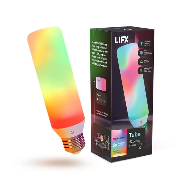 LIFX Opal Color Tube Smart LED Bulb, 104 LEDs with 52 Zones, Polychrome Flame & Morph Modes, Tunable White 1500K–9000K, Dimmable Wi-Fi RGBW Tube Light, Works with Alexa, Google, Siri, LFX/T10L/OP