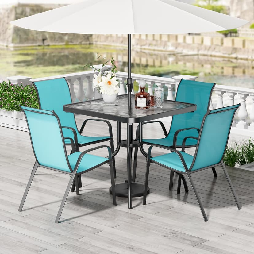 TLSUNNY Patio Dining Set 5 Pieces, All Weather Outdoor Furniture W/30"X 30" Table and 4 Stackable Textilene Chairs, Metal Table and Chairs for Lawn, Garden, Poolside, Backyard (Umbrella not Included)