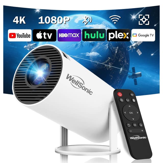 WellSonic Mini Projector 4K Support, Portable Movie Projector with WiFi6 and Bluetooth5, Automatic Keystone Correction, Android 13, Home Smart Projector for Phone, PC, HDMI USB, Laptop
