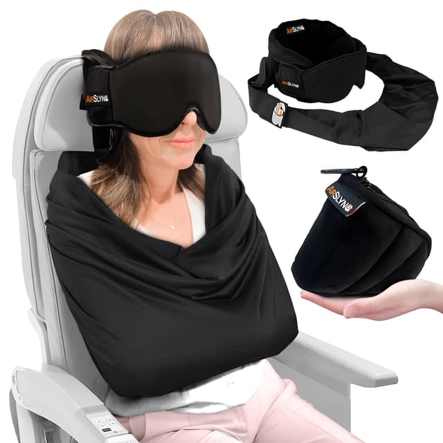 3-in-1 Airplane Sleep Support System - Integrated Plane Sleeping Accessories with Memory Foam Long Haul Flight Pillow, Adjustable Travel Eye Mask, and Blanket-Like Body Sling - Fits in Carry On