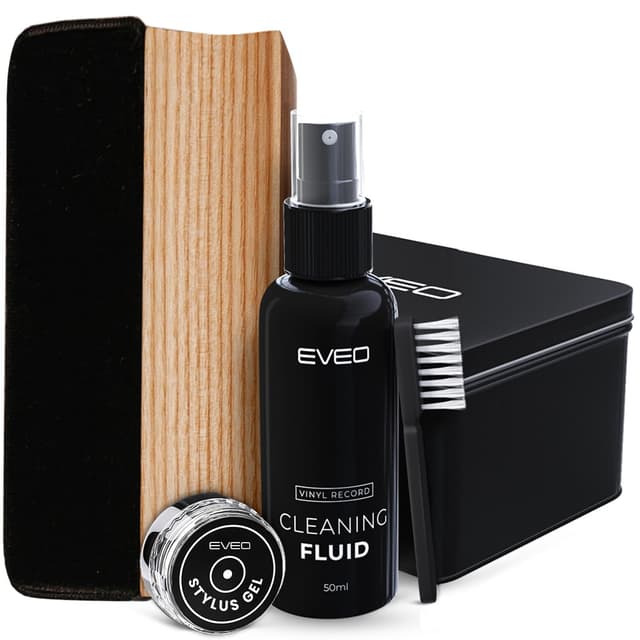 EVEO Vinyl Record Cleaning Kit - 4-in-1 Premium Vinyl Record Cleaner & Vinyl Cleaning Kit with Velvet Brush, Vinyl Cleaner Liquid, Duster & Turntable Stylus Gel