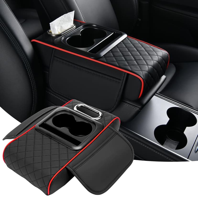 QQWD Car Armrest Cushion, 5 in 1 Center Console Cover with 2 Cup Holders, Phone Holder, Tissue Holder, Storage Bag, Multifunctional Leather Heightened Car Armrest Cushion for Most Cars