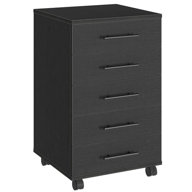 HOOBRO 5-Drawer File Cabinet, Office Cabinet with Drawers, Wooden Storage Cabinet with Wheels for Makeup, Home Office, Study, Easy Assembly, Black BK05WJ01