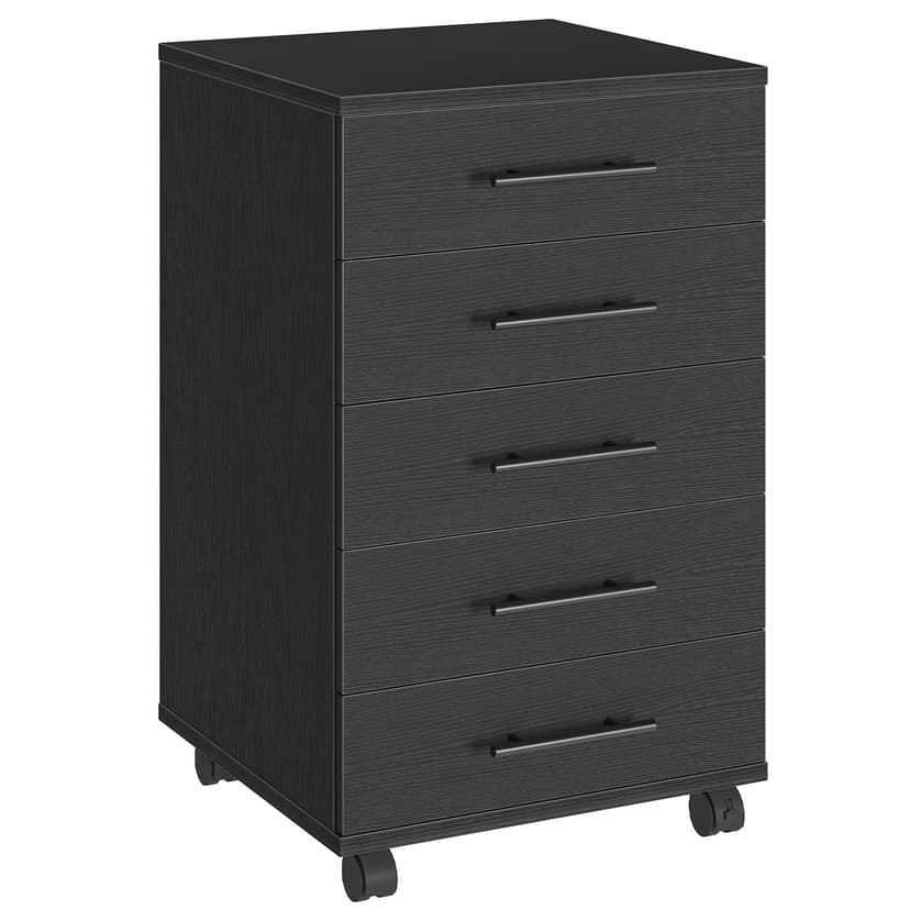 HOOBRO 5-Drawer File Cabinet, Office Cabinet with Drawers, Wooden Storage Cabinet with Wheels for Makeup, Home Office, Study, Easy Assembly, Black BK05WJ01
