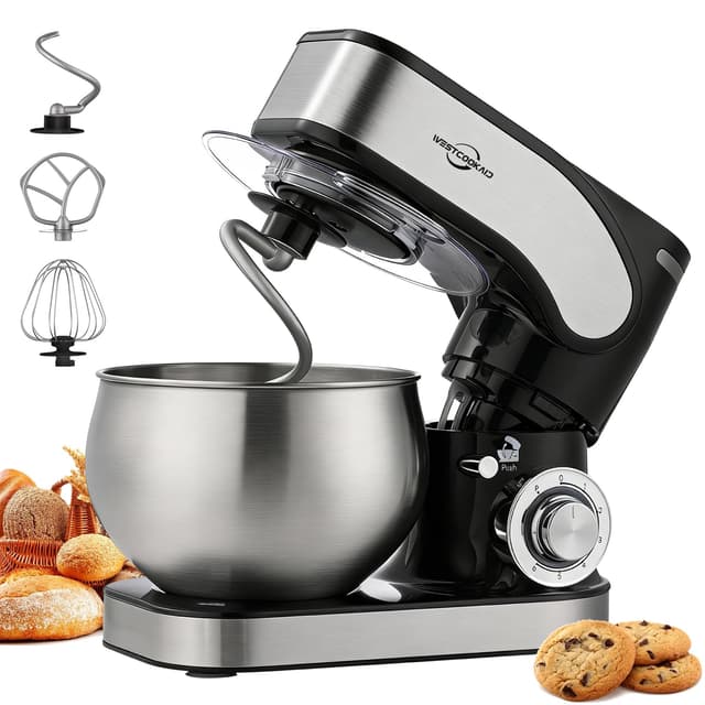 Stand Mixer, 5.3QT Tilt-Head Kitchen Mixer, 6+P Speed Household Food Mixer, Lightweight Dough mixer with Egg Cream Whisk, Bread Dough Hook, Flat Beater, Splash Guard, Baking Cake Pizza Sugar, Black