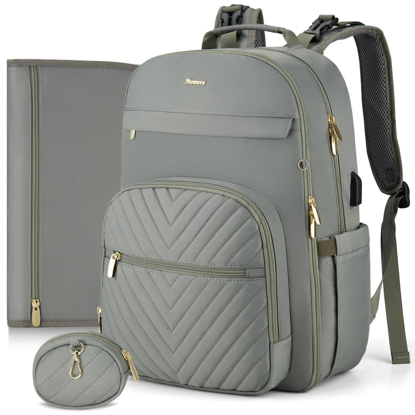 MOMUVO Diaper Bag Backpack, Quilted Baby Bag with Changing Pad & Stroller Straps & Pacifier Case, Multifunction Waterproof Travel Diaper Bags, Unisex, Olive Green