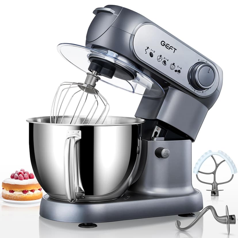 GEFT Stand Mixer, 6 QT 600W Tilt-Head Dough Mixer, 6+P speed Mixers Kitchen Electric Stand Mixer with Stainless Steel Bowl, Dishwasher-Safe Dough Hook, Flat Beater, Wire Whisk, Splash Guard, Grey