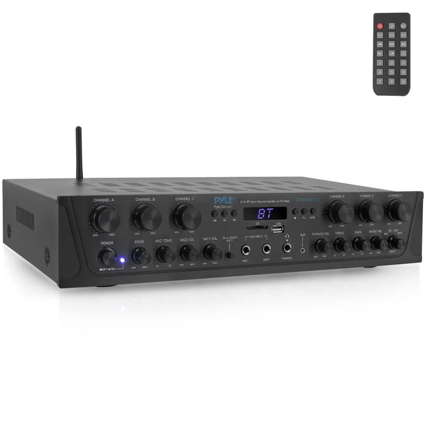 Pyle Home Audio Amplifier with Bluetooth - 6 Channel 600 Watt Peak Power, Karaoke with Echo, 2 Mic Input with Talkover, Headphone In, USB A MP3 Player with SD Reader - Home, Commercial, Worship