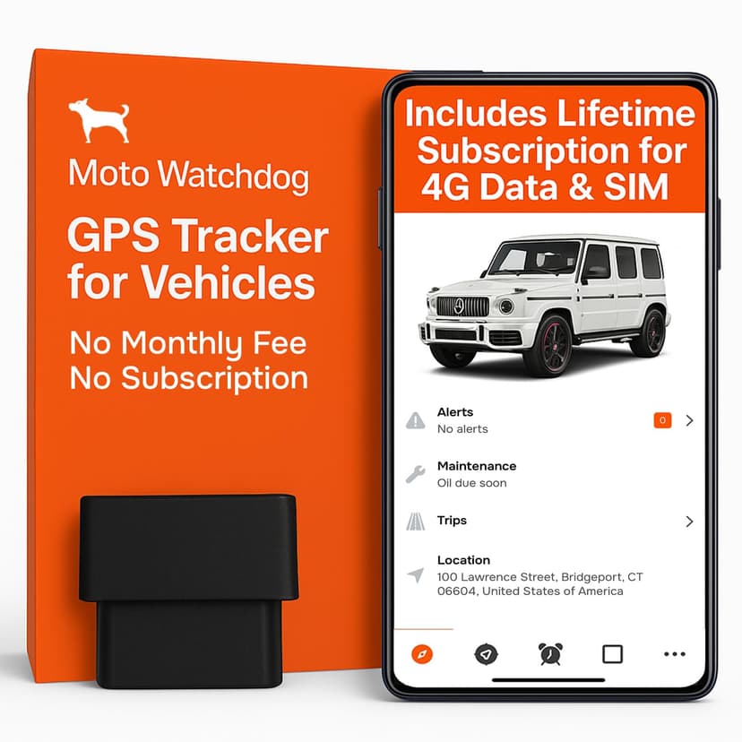 GPS Tracker for Vehicles, No Subscription with Real-Time Location, Mileage Tracking, Speeding Monitoring, Route History, Geofence, OBD, for Fleets & Families, USA, Moto Watchdog