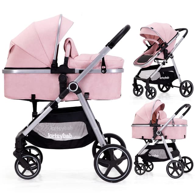 Lortsybab 2-in-1 Baby Stroller - Folding Infant Newborn Pram Stroller with Reversible Seat - Toddler Strollers for 0-36 Months Old Babies (Pink)