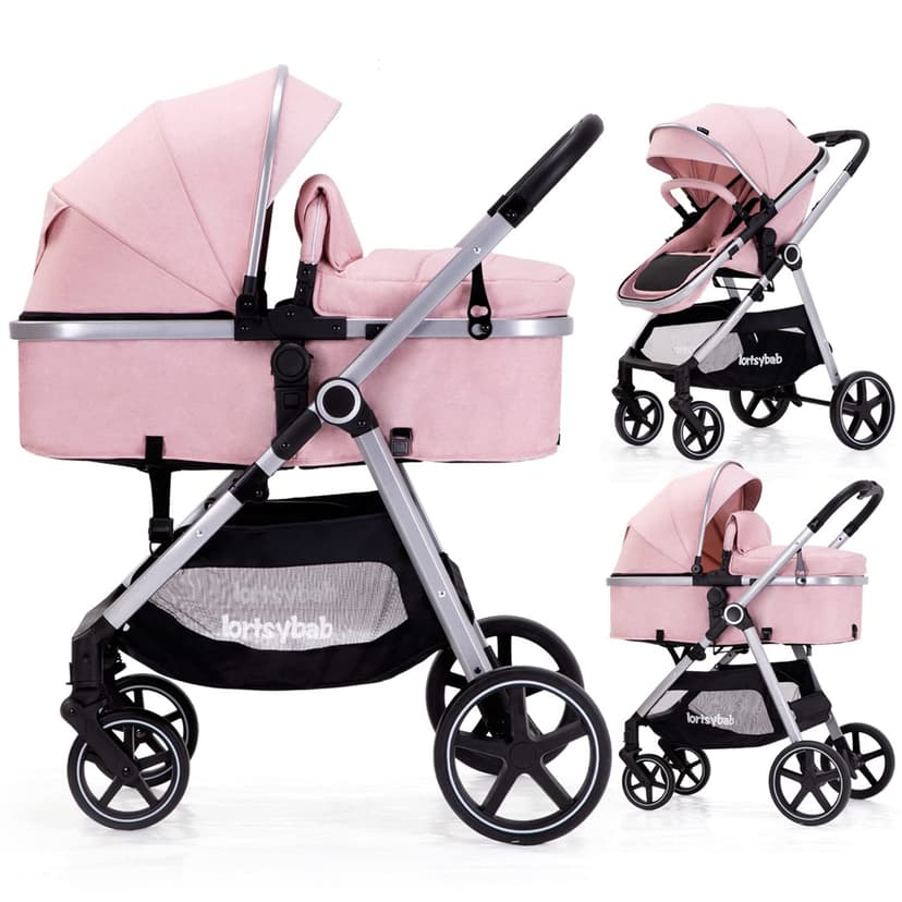 Lortsybab 2-in-1 Baby Stroller - Folding Infant Newborn Pram Stroller with Reversible Seat - Toddler Strollers for 0-36 Months Old Babies (Pink)