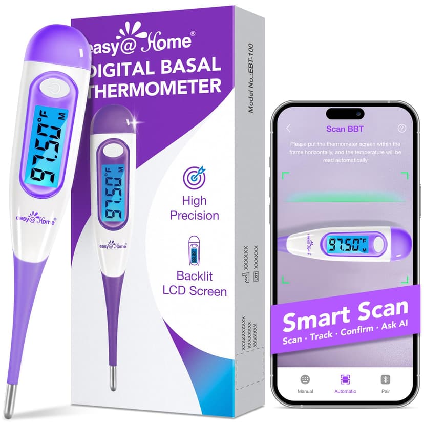 Easy@Home Digital Basal Thermometer with Large Backlight LCD Display, 1/100th Degree High Precision and Memory Recall, NOT Bluetooth Enabled,Upgraded EBT-100B-P (Purple)