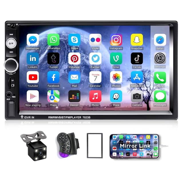 CAMECHO 7" Double Din Car Stereo Audio Bluetooth MP5 Player USB FM Multimedia Radio+ 4 LED Mini Backup Camera with Steering Wheel Remote Support Mobile Phone Synchronization (Used in Android/iOS)