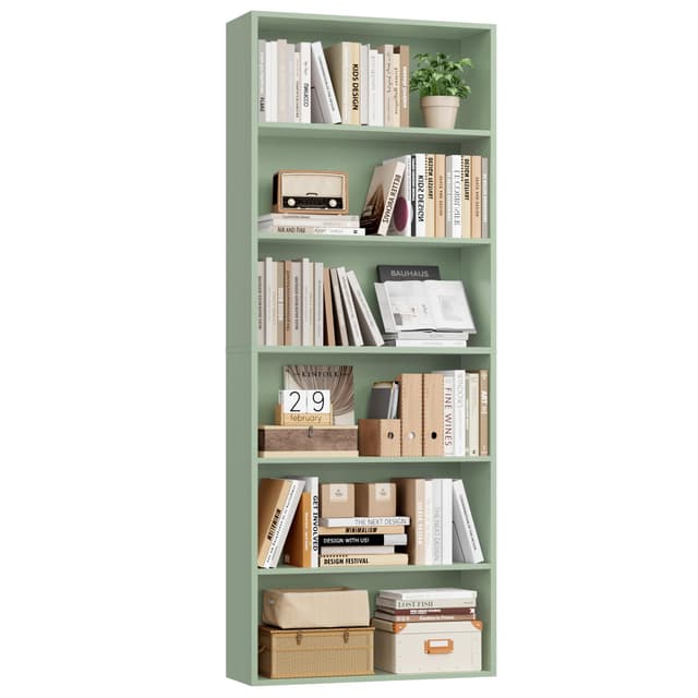 FOTOSOK 6-Tier Open Bookcase and Bookshelf, Freestanding Display Storage Shelves Tall Bookcase for Bedroom, Living Room and Office, Green