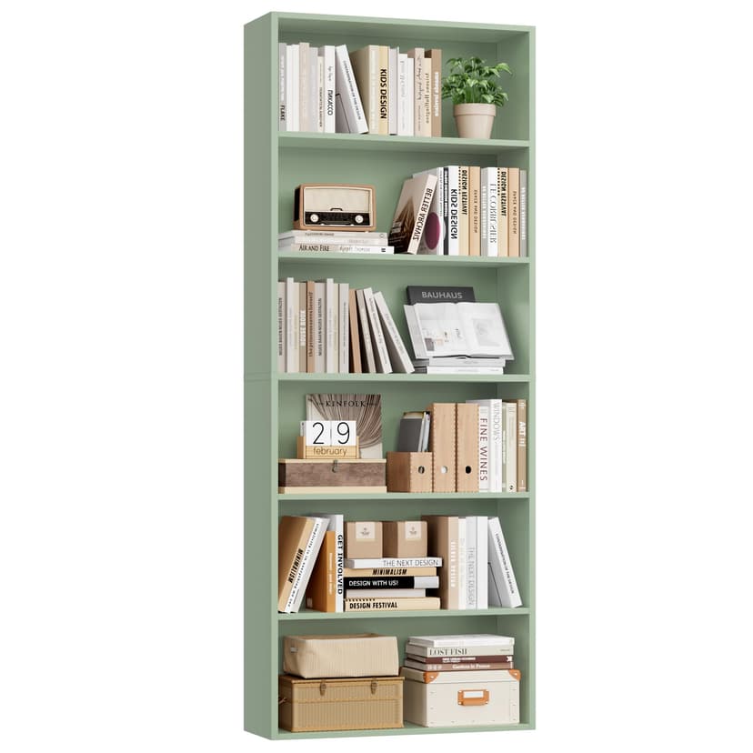 FOTOSOK 6-Tier Open Bookcase and Bookshelf, Freestanding Display Storage Shelves Tall Bookcase for Bedroom, Living Room and Office, Green