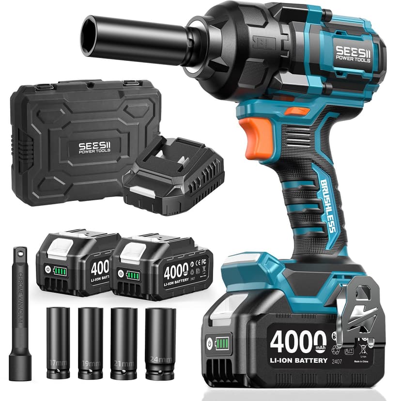 Seesii Impact Wrench 886 Ft-lbs(1200N.m), 1/2 High Torque Impact Gun with 21V 2x4.0Ah Battery, Electric Impact Driver, 2900IPM, 5 Socket, Cordless Impact Wrench for Home Car/Mower/Pickup/Truck RV