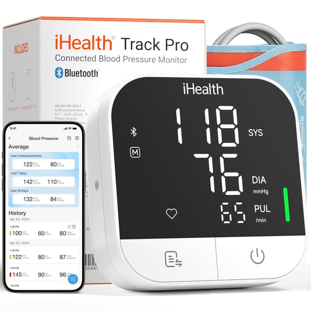 iHealth Track Pro Upper Arm Blood Pressure Monitor, Full-View LED Screen​, Body & Cuff Detection, App-Enabled for iOS & Android, Adjustable Cuff Large Adults Arm Friendly