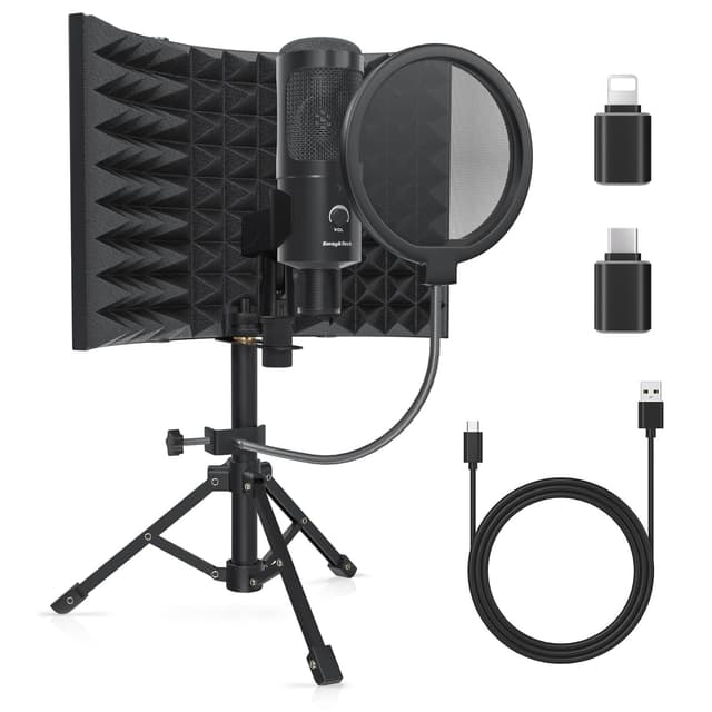 Studio Recording Microphone Isolation Shield with Pop Filter and Metal Tripod Stand, Studio Mic to PC Laptop Smartphone, Music Microphone for Recording Singing Podcasting