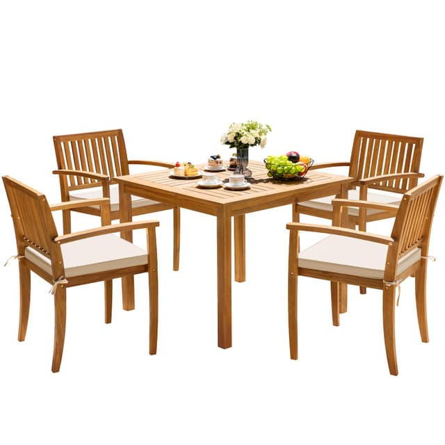 Greesum 5 Piece Patio Dining Set Outdoor Solid Wood Furniture for Yard, Garden, Porch w/Square Tabletop & 4 Chairs, White