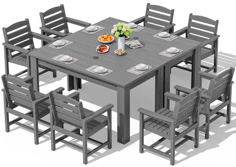 SERWALL Patio Dining Sets for 8, Outdoor Dining Sets for 8 Person with 2 Umbrella Hole Cut-Out Rectangular Tables and 8 Chairs, HDPE Dining Sets for Garden, Backyard, Poolside, Gray