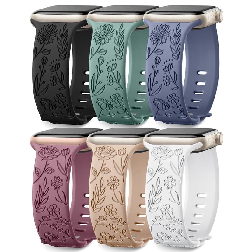 SNBLK Apple Watch Band 6 Pack Floral Engraved Silicone Sport Wristbands for Women, 38mm-49mm, Rose and Sunflower Design, Water Resistant, Flexible Fit