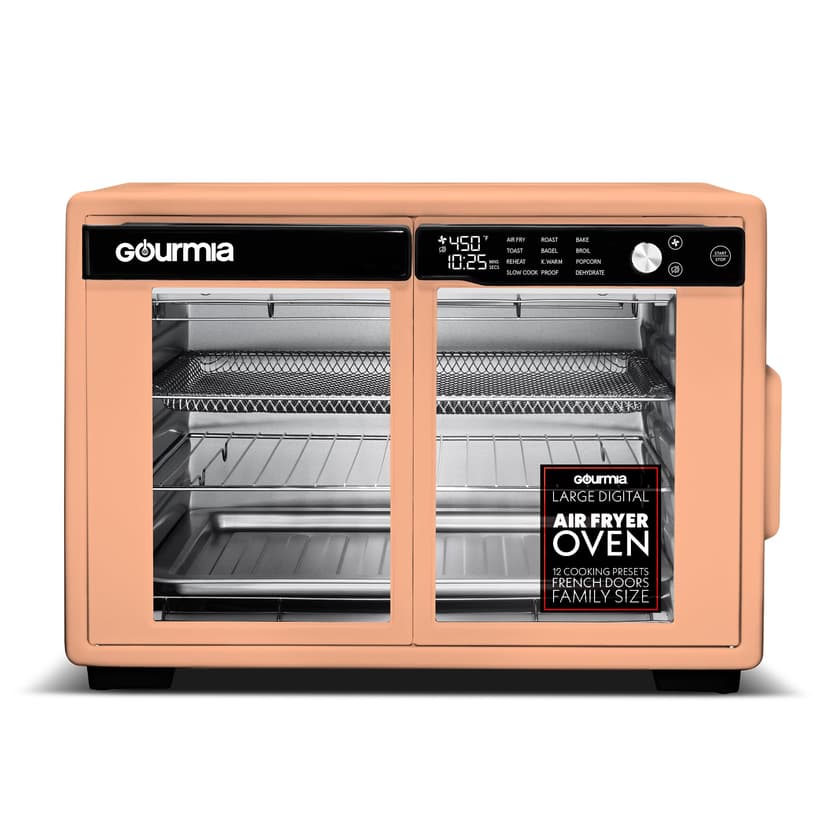 Gourmia French Door Air Fryer Oven - 37 Qt Large Capacity Convection Toaster Oven, FryForce 360°, Digital Display, 12 Cooking Presets, Dehydrate, Fits 13” Pizza, Dishwasher-Safe, Peach