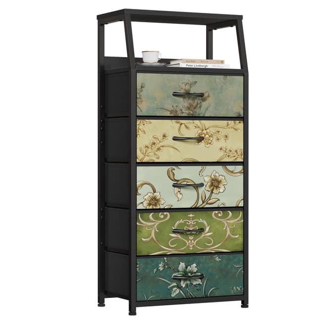 Furnulem Retro 5 Drawers Dresser, Tall Dressers for Bedroom, Closet, Hallway, Nursery, Fabric Storage Tower Organizer, Vertical Nightstand Side Table Furniture, Steel Frame, Wood Top