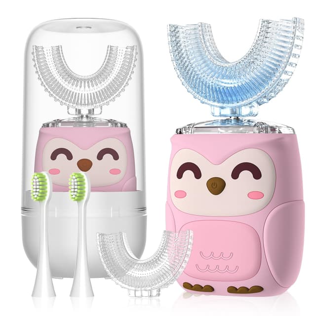 PVOGRT Kids Electric U Shaped Toothbrush Kids Sonic Toothbrush with 4 Soft Brush Head Automatic Full Mouth 6 Cleaning Mode-(Age8-15 Pink)