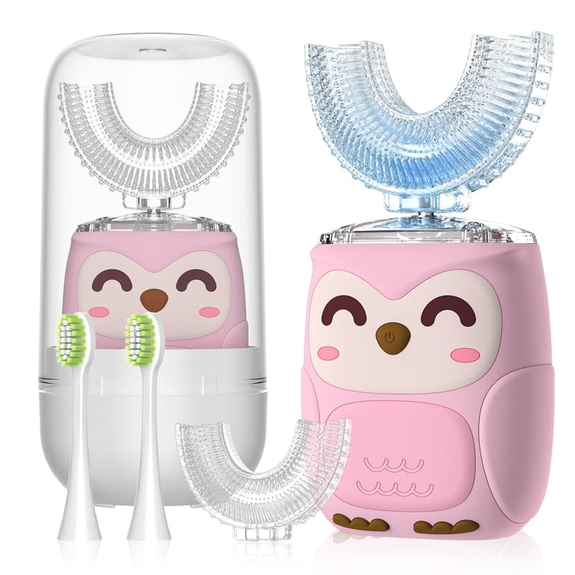 PVOGRT Kids Electric U Shaped Toothbrush Kids Sonic Toothbrush with 4 Soft Brush Head Automatic Full Mouth 6 Cleaning Mode-(Age8-15 Pink)